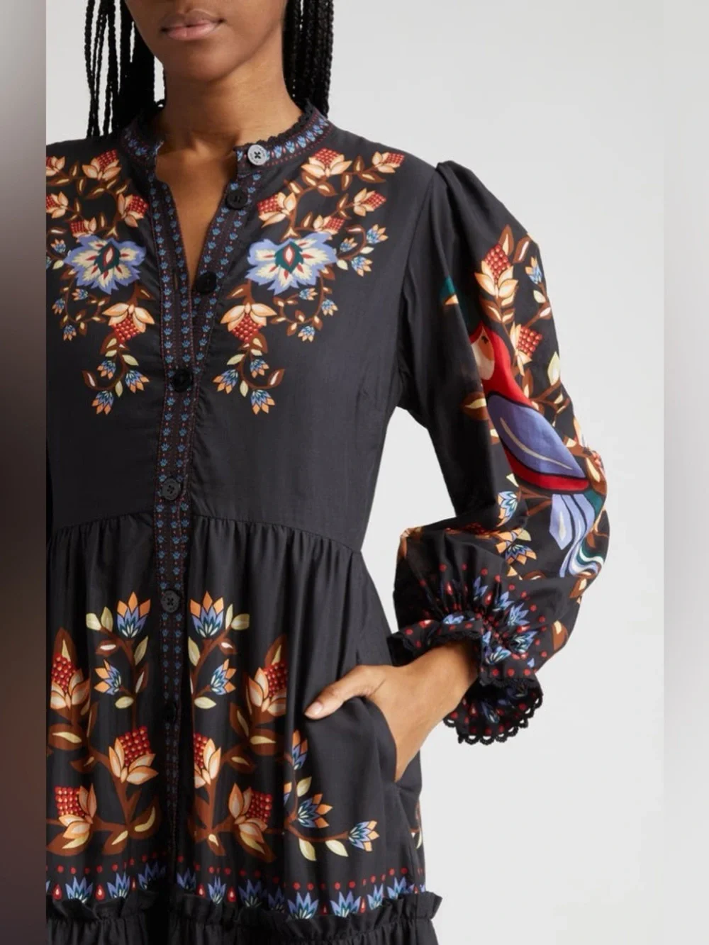 NEW FARM Rio Winter Garden Floral Print Tiered Puff Long Sleeve Maxi Dress Sz M - Picture 4 of 16
